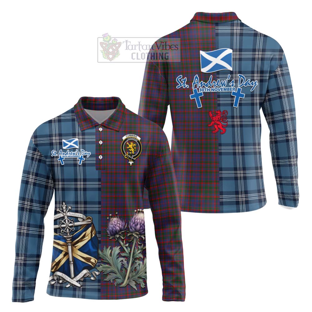 Tartan Vibes Clothing Cumming Tartan Long Sleeve Polo Shirt Happy St. Andrew's Day Half Tartan Style