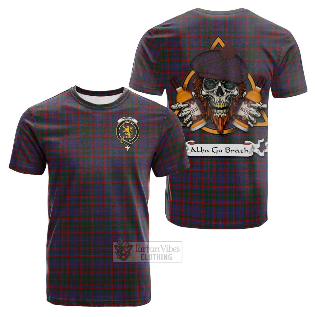 Tartan Vibes Clothing Cumming Tartan Cotton T-shirt with Family Crest and Bearded Skull Holding Bottles of Whiskey