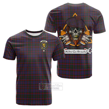 Cumming Tartan Cotton T-shirt with Family Crest and Bearded Skull Holding Bottles of Whiskey