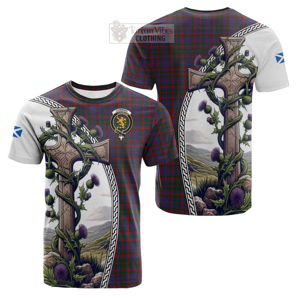 Tartan Vibes Clothing Cumming Tartan Cotton T-shirt with Family Crest and St. Andrew's Cross Accented by Thistle Vines