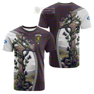 Cumming Tartan Cotton T-shirt with Family Crest and St. Andrew's Cross Accented by Thistle Vines