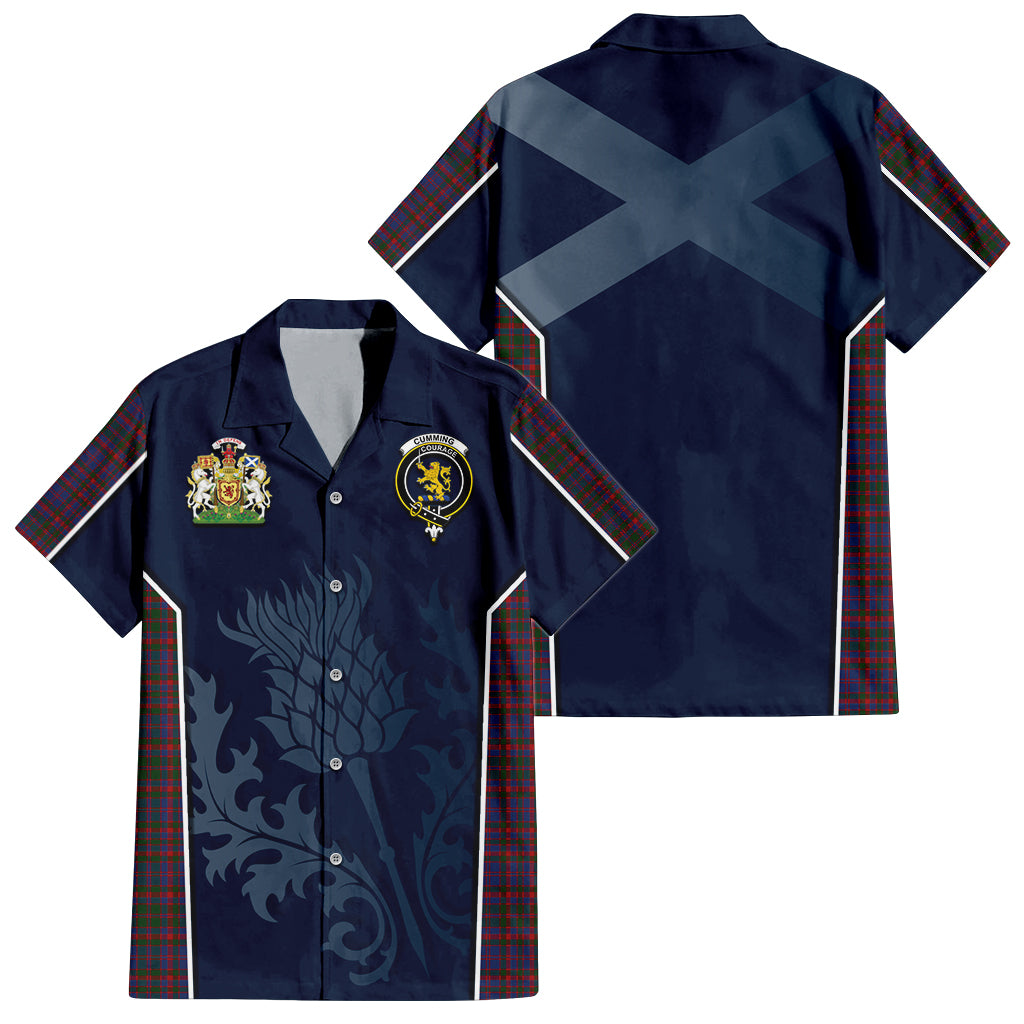 Tartan Vibes Clothing Cumming Tartan Short Sleeve Button Up Shirt with Family Crest and Scottish Thistle Vibes Sport Style