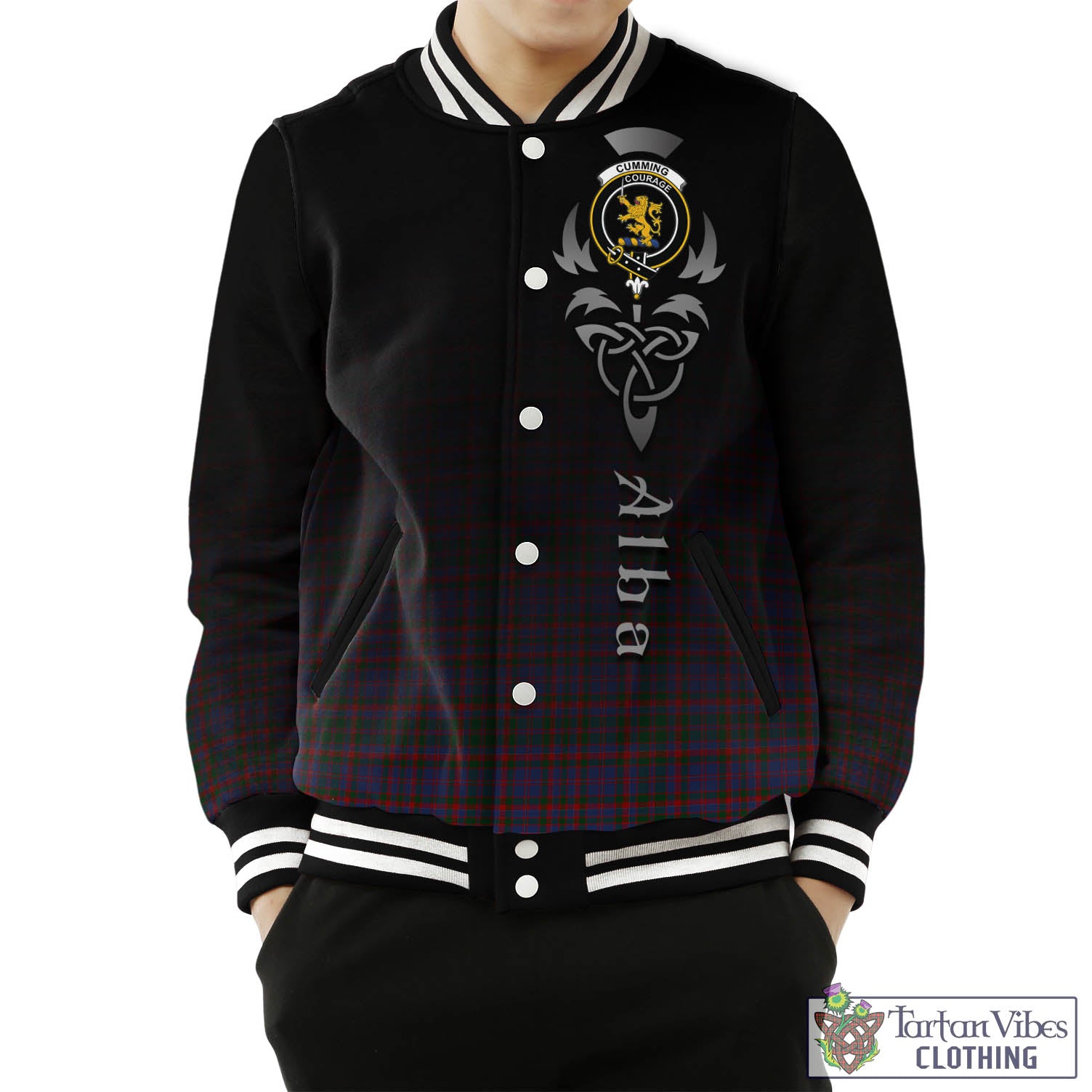 Tartan Vibes Clothing Cumming Tartan Baseball Jacket Featuring Alba Gu Brath Family Crest Celtic Inspired