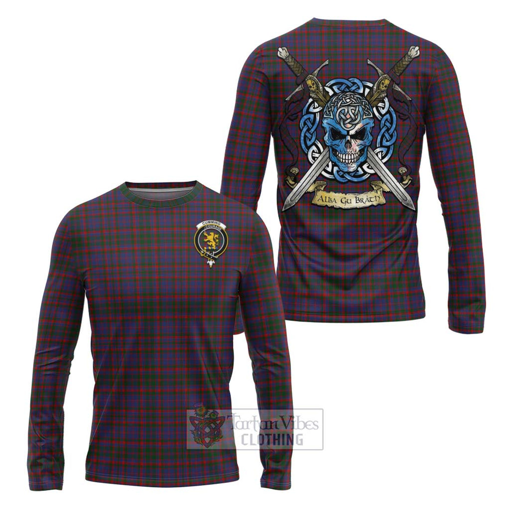 Tartan Vibes Clothing Cumming Tartan Long Sleeve T-Shirt with Family Crest Celtic Skull Style