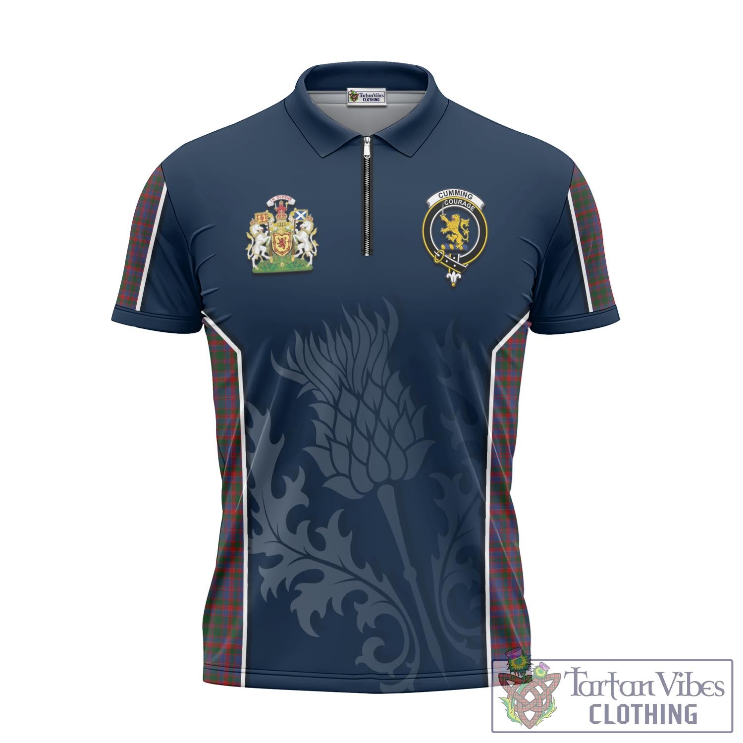 Tartan Vibes Clothing Cumming Tartan Zipper Polo Shirt with Family Crest and Scottish Thistle Vibes Sport Style