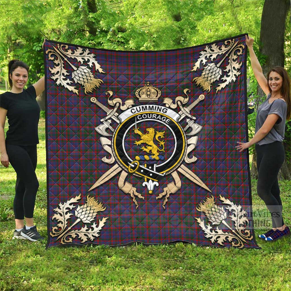 Tartan Vibes Clothing Cumming Tartan Quilt with Family Crest and Scottish Golden Courage Shield