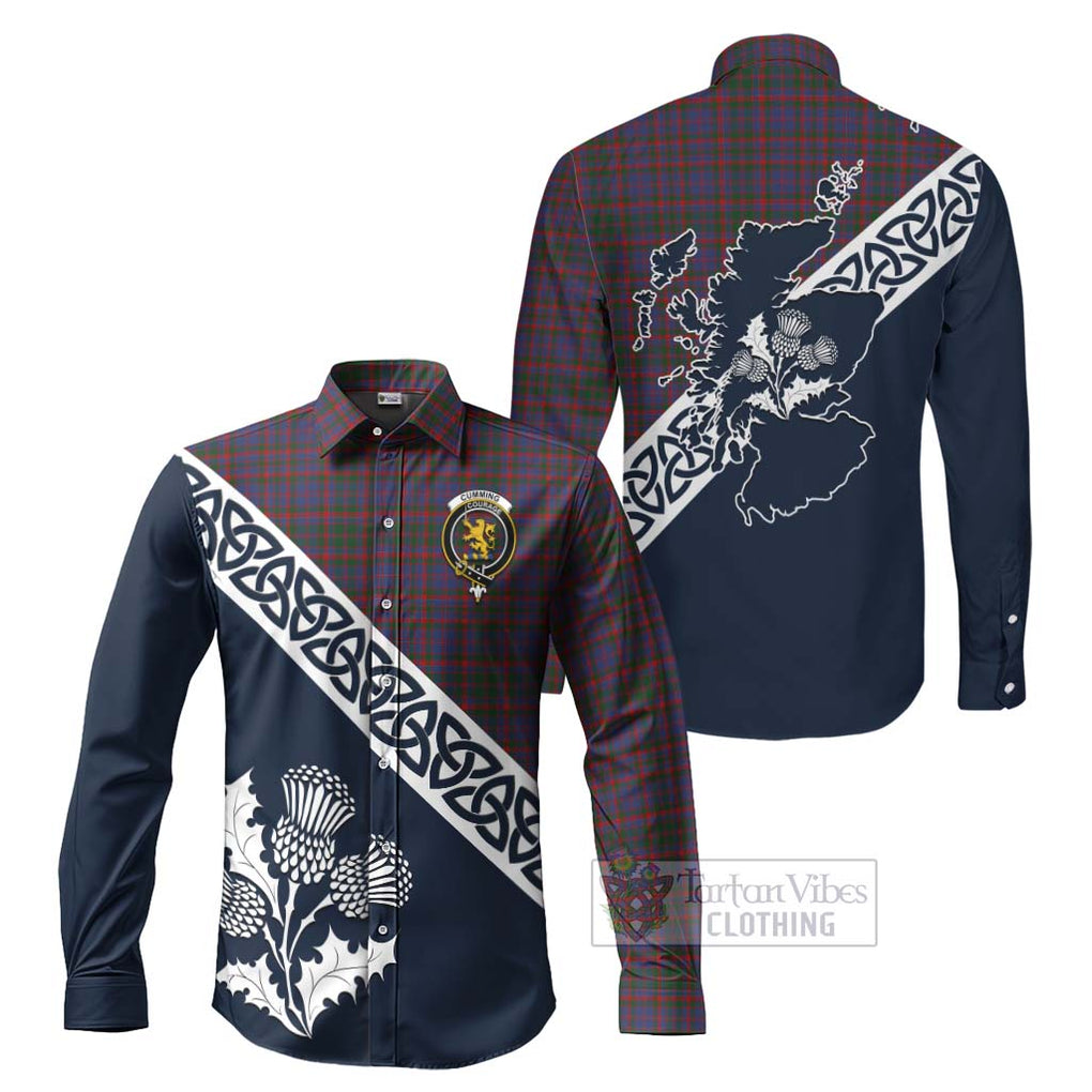 Tartan Vibes Clothing Cumming Tartan Long Sleeve Button Shirt Featuring Thistle and Scotland Map