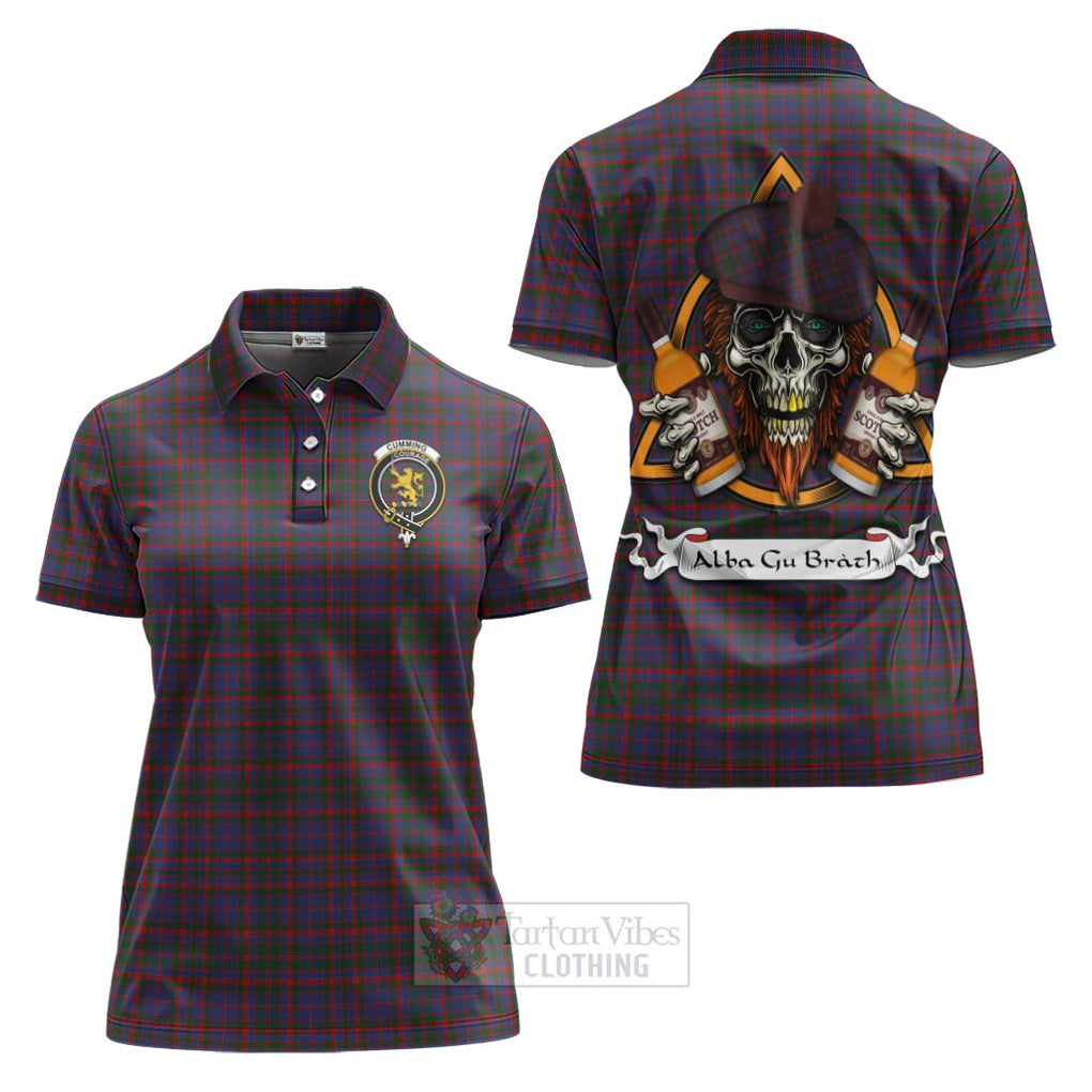 Tartan Vibes Clothing Cumming Tartan Women's Polo Shirt with Family Crest and Bearded Skull Holding Bottles of Whiskey