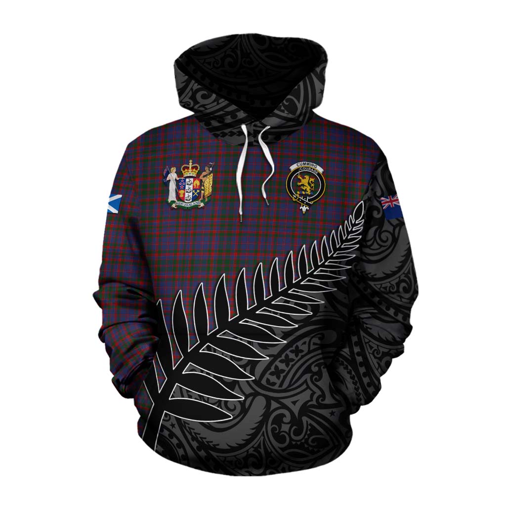 Tartan Vibes Clothing Cumming Crest Tartan Cotton Hoodie with New Zealand Silver Fern Half Style