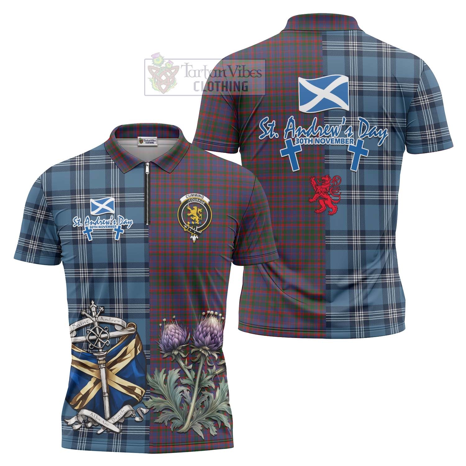 Tartan Vibes Clothing Cumming Tartan Zipper Polo Shirt Happy St. Andrew's Day Half Tartan Style