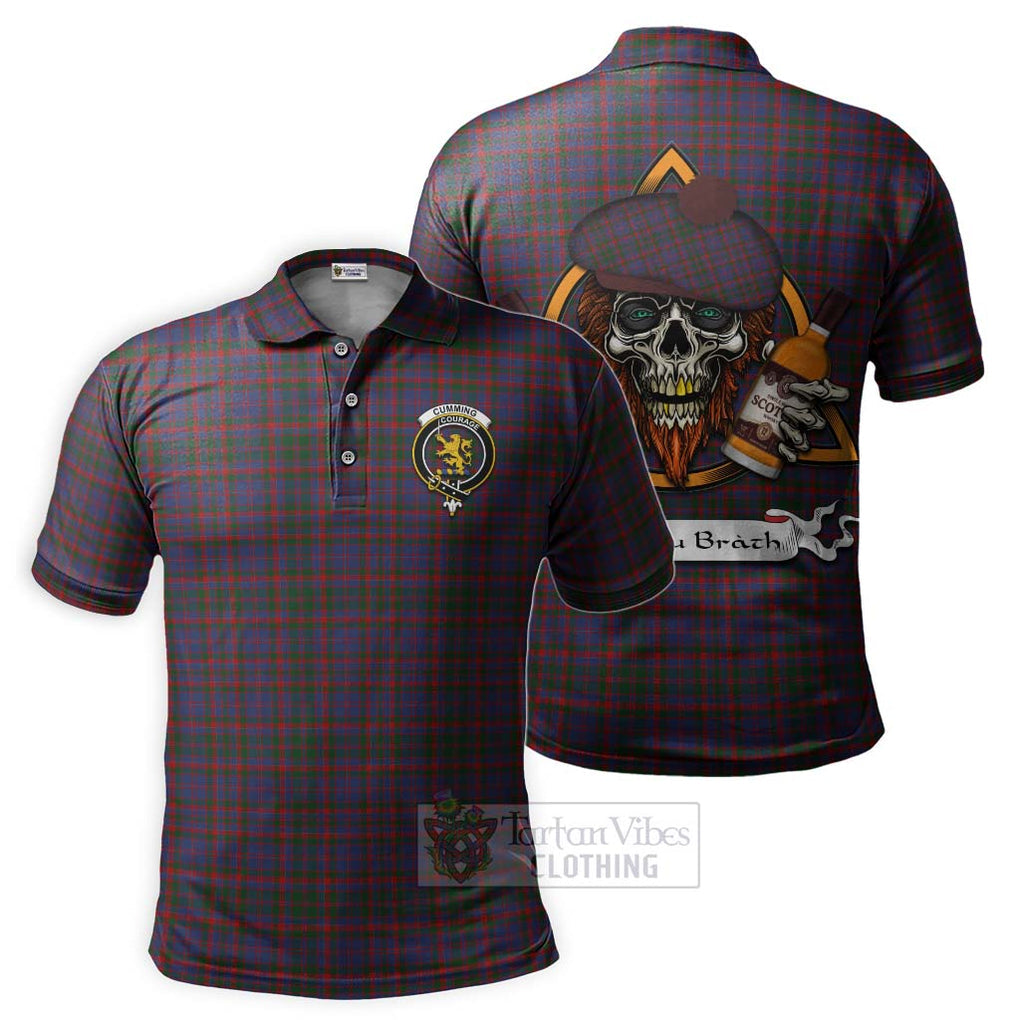 Tartan Vibes Clothing Cumming Tartan Polo Shirt with Family Crest and Bearded Skull Holding Bottles of Whiskey