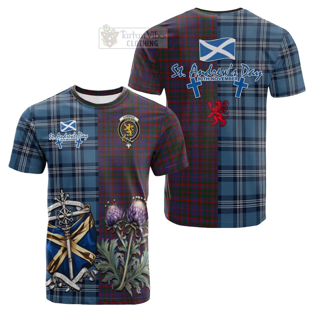 Tartan Vibes Clothing Cumming Tartan Cotton T-shirt Happy St. Andrew's Day Half Tartan Style