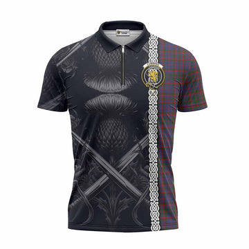 Cumming Tartan Zipper Polo Shirt with Family Crest Cross Sword Thistle Celtic Vibes