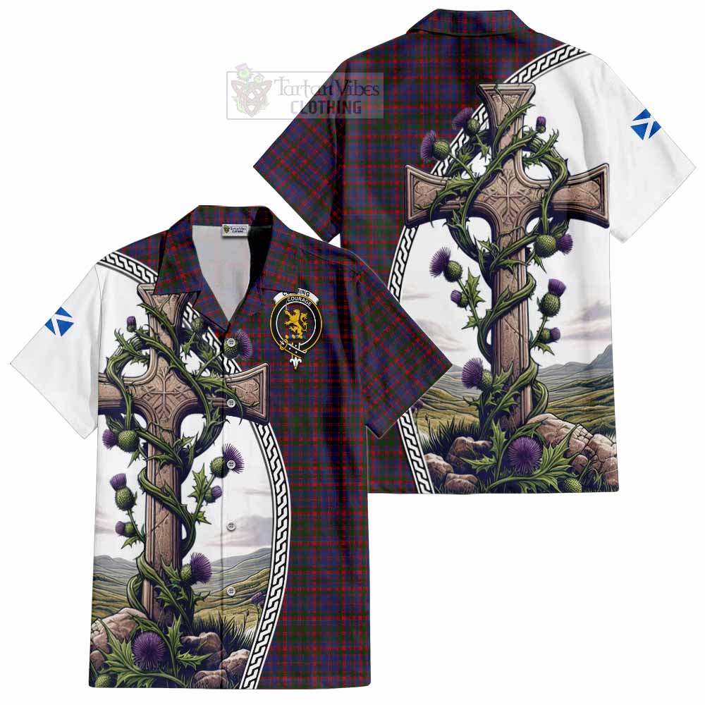 Tartan Vibes Clothing Cumming Tartan Short Sleeve Button Shirt with Family Crest and St. Andrew's Cross Accented by Thistle Vines