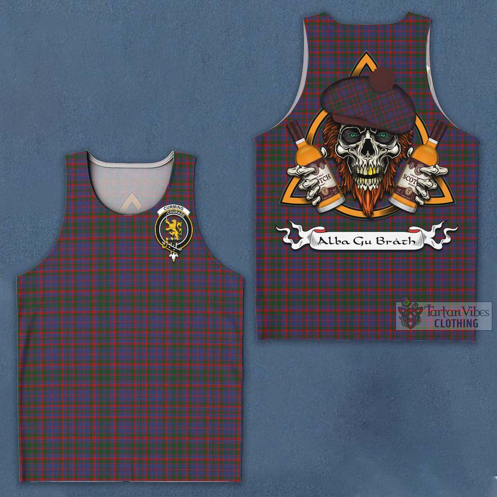 Tartan Vibes Clothing Cumming Tartan Men's Tank Top with Family Crest and Bearded Skull Holding Bottles of Whiskey