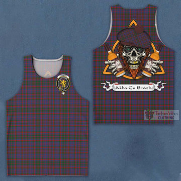 Cumming Tartan Men's Tank Top with Family Crest and Bearded Skull Holding Bottles of Whiskey