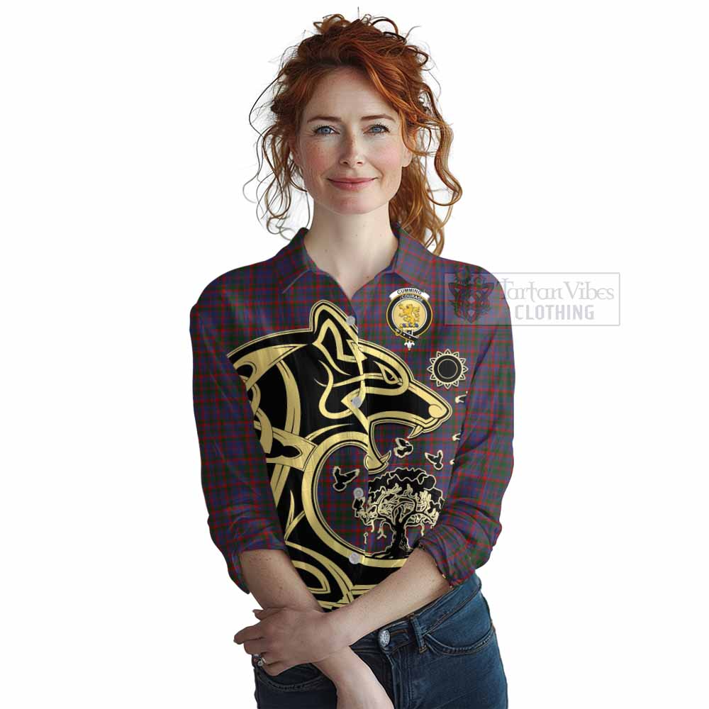 Tartan Vibes Clothing Cumming Tartan Women's Casual Shirt with Family Crest Celtic Wolf Style