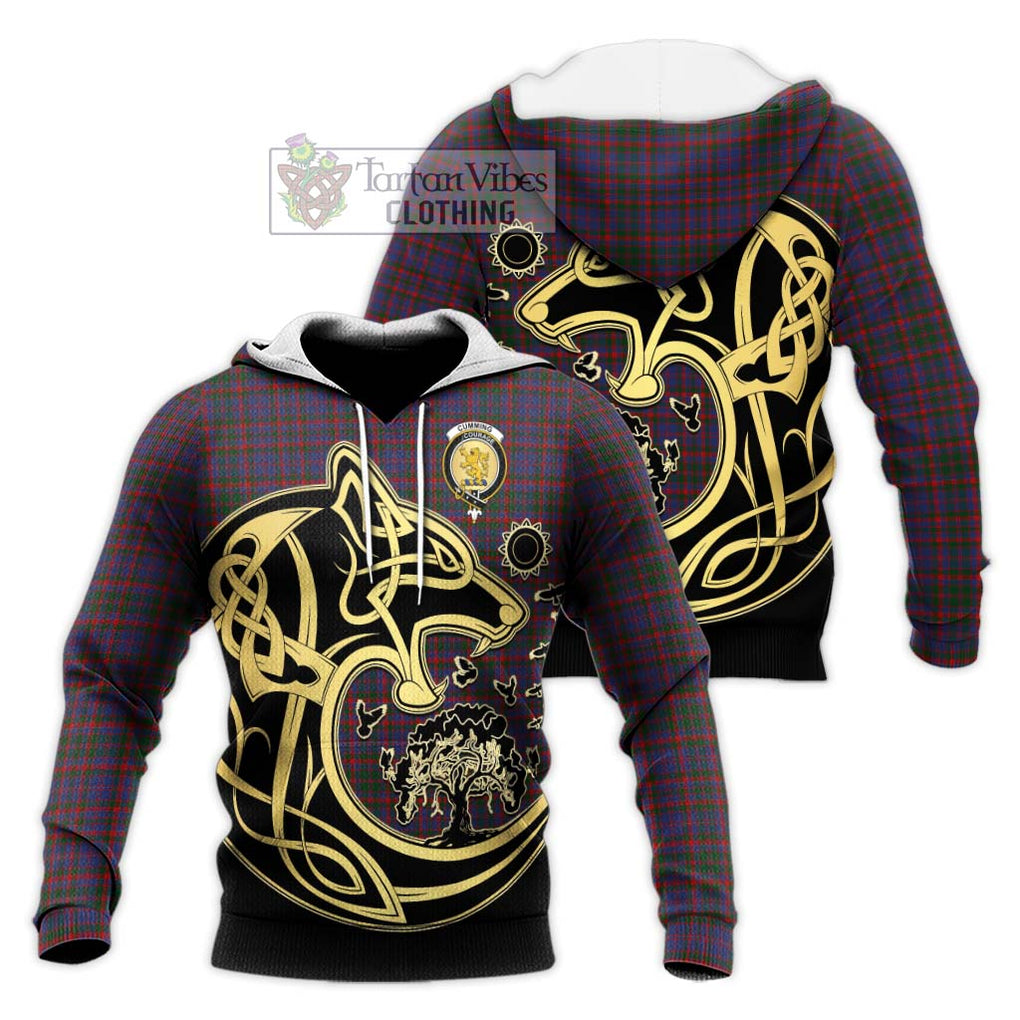 Cumming Tartan Knitted Hoodie with Family Crest Celtic Wolf Style Unisex Knitted Pullover Hoodie - Tartan Vibes Clothing