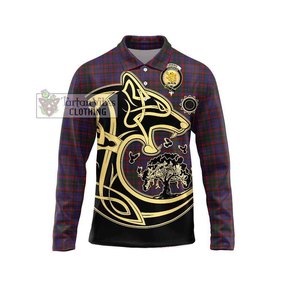 Cumming Tartan Long Sleeve Polo Shirt with Family Crest Celtic Wolf Style Unisex - Tartanvibesclothing Shop