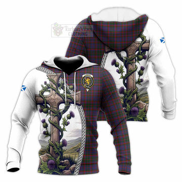 Cumming Tartan Knitted Hoodie with Family Crest and St. Andrew's Cross Accented by Thistle Vines