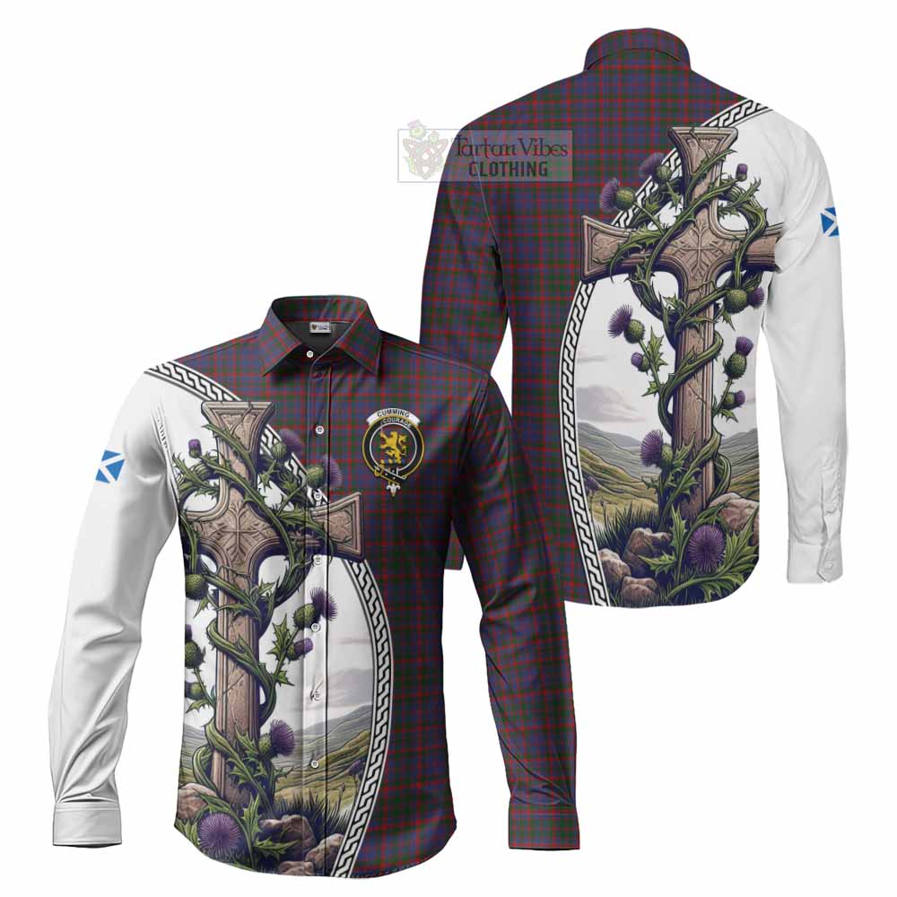 Tartan Vibes Clothing Cumming Tartan Long Sleeve Button Shirt with Family Crest and St. Andrew's Cross Accented by Thistle Vines