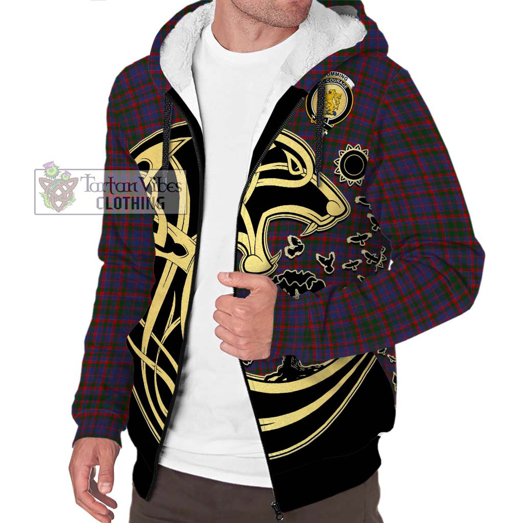 Cumming Tartan Sherpa Hoodie with Family Crest Celtic Wolf Style Unisex S - Tartan Vibes Clothing