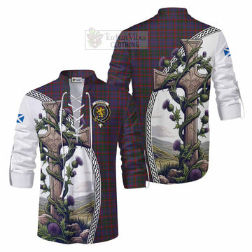 Cumming Tartan Ghillie Kilt Shirt with Family Crest and St. Andrew's Cross Accented by Thistle Vines