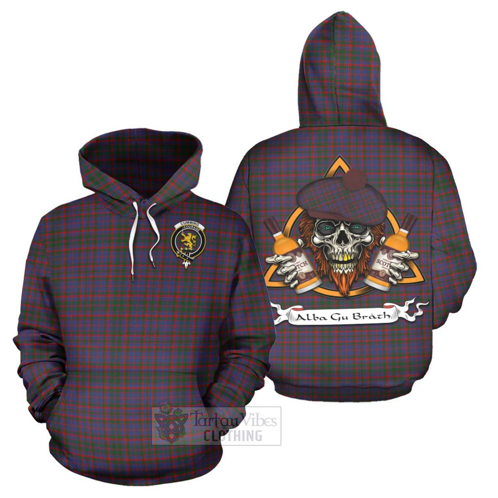 Tartan Vibes Clothing Cumming Tartan Hoodie with Family Crest and Bearded Skull Holding Bottles of Whiskey