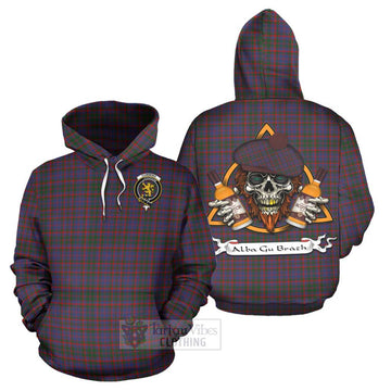 Cumming Tartan Hoodie with Family Crest and Bearded Skull Holding Bottles of Whiskey