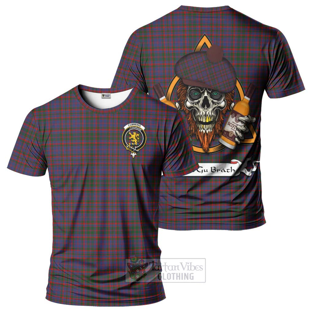 Tartan Vibes Clothing Cumming Tartan T-Shirt with Family Crest and Bearded Skull Holding Bottles of Whiskey