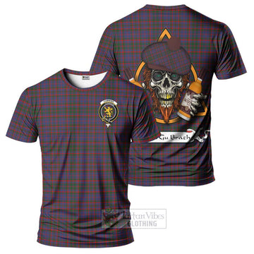 Cumming Tartan T-Shirt with Family Crest and Bearded Skull Holding Bottles of Whiskey