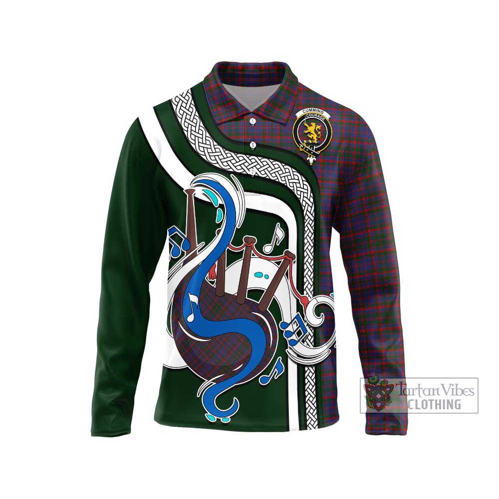 Tartan Vibes Clothing Cumming Tartan Long Sleeve Polo Shirt with Epic Bagpipe Style