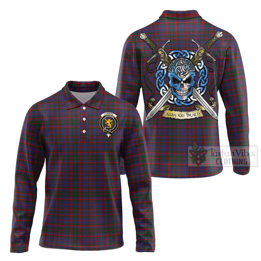 Tartan Vibes Clothing Cumming Tartan Long Sleeve Polo Shirt with Family Crest Celtic Skull Style