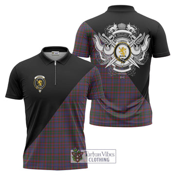 Cumming Tartan Zipper Polo Shirt with Family Crest and Military Logo Style