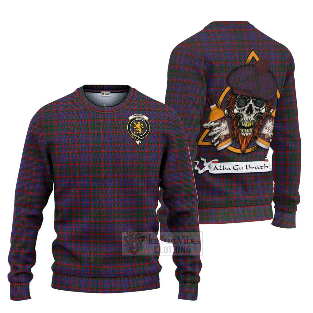 Tartan Vibes Clothing Cumming Tartan Knitted Sweater with Family Crest and Bearded Skull Holding Bottles of Whiskey