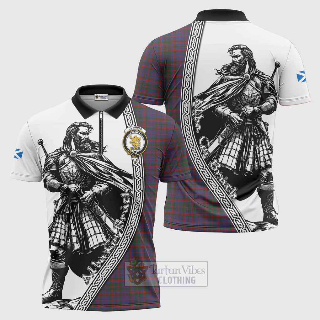 Tartan Vibes Clothing Cumming Tartan Clan Crest Zipper Polo Shirt with Highlander Warrior Celtic Style