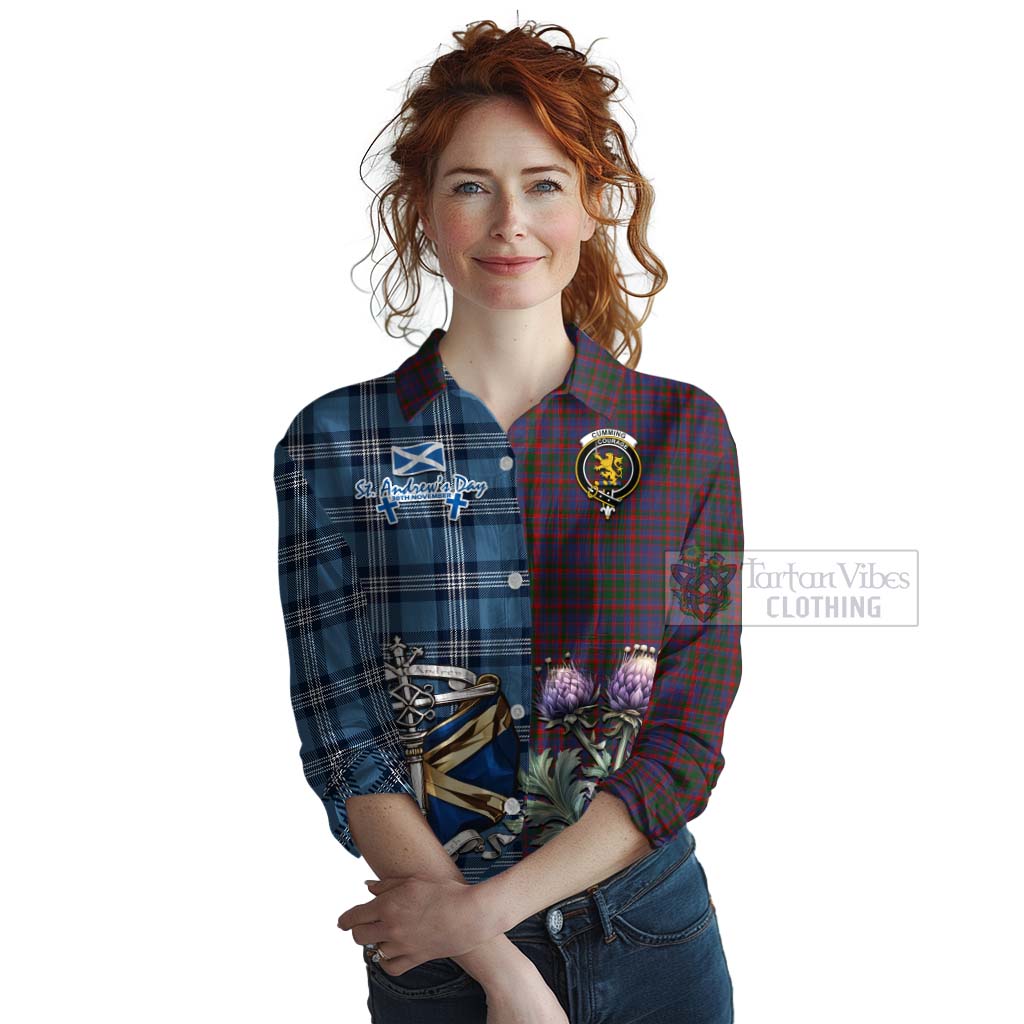 Tartan Vibes Clothing Cumming Tartan Women's Casual Shirt Happy St. Andrew's Day Half Tartan Style