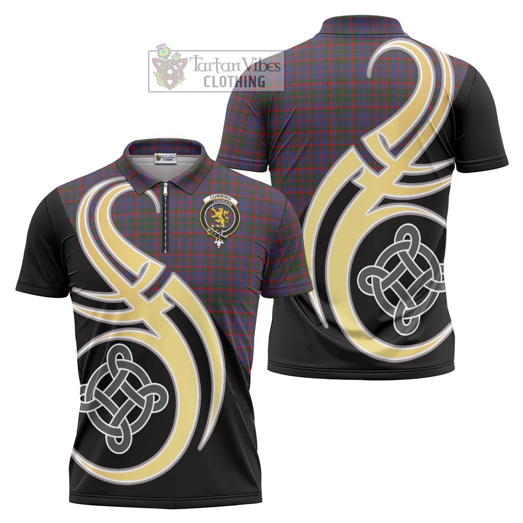 Tartan Vibes Clothing Cumming Tartan Zipper Polo Shirt with Family Crest and Celtic Symbol Style