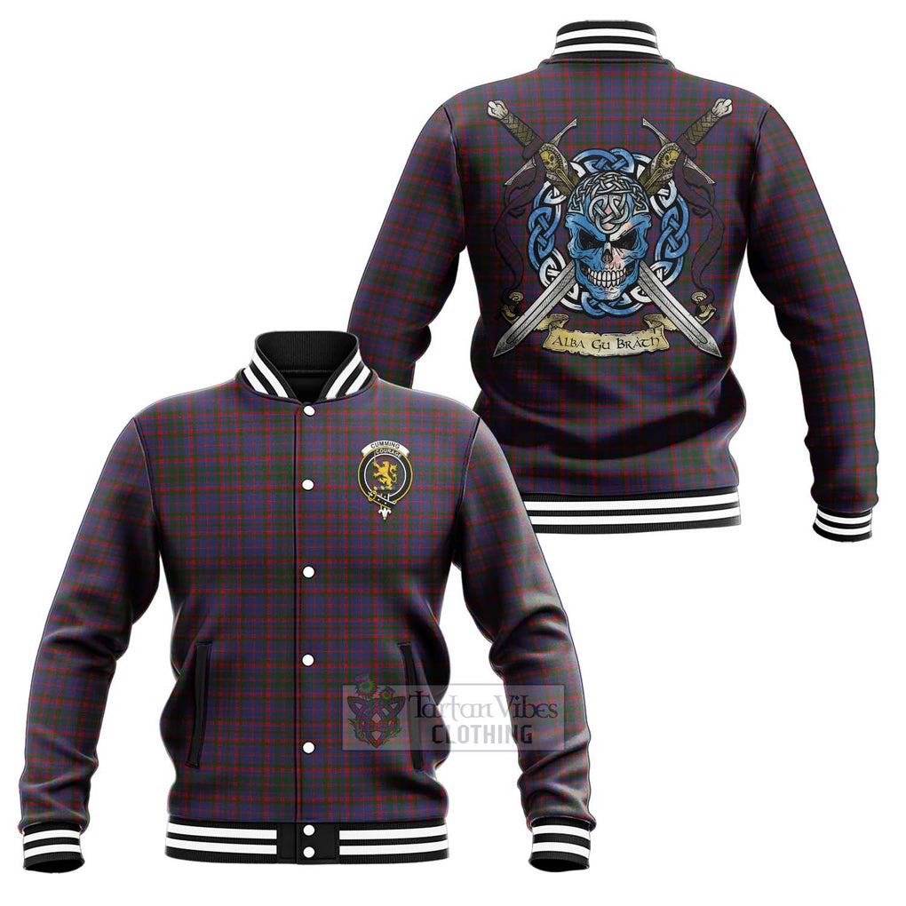 Tartan Vibes Clothing Cumming Tartan Baseball Jacket with Family Crest Celtic Skull Style