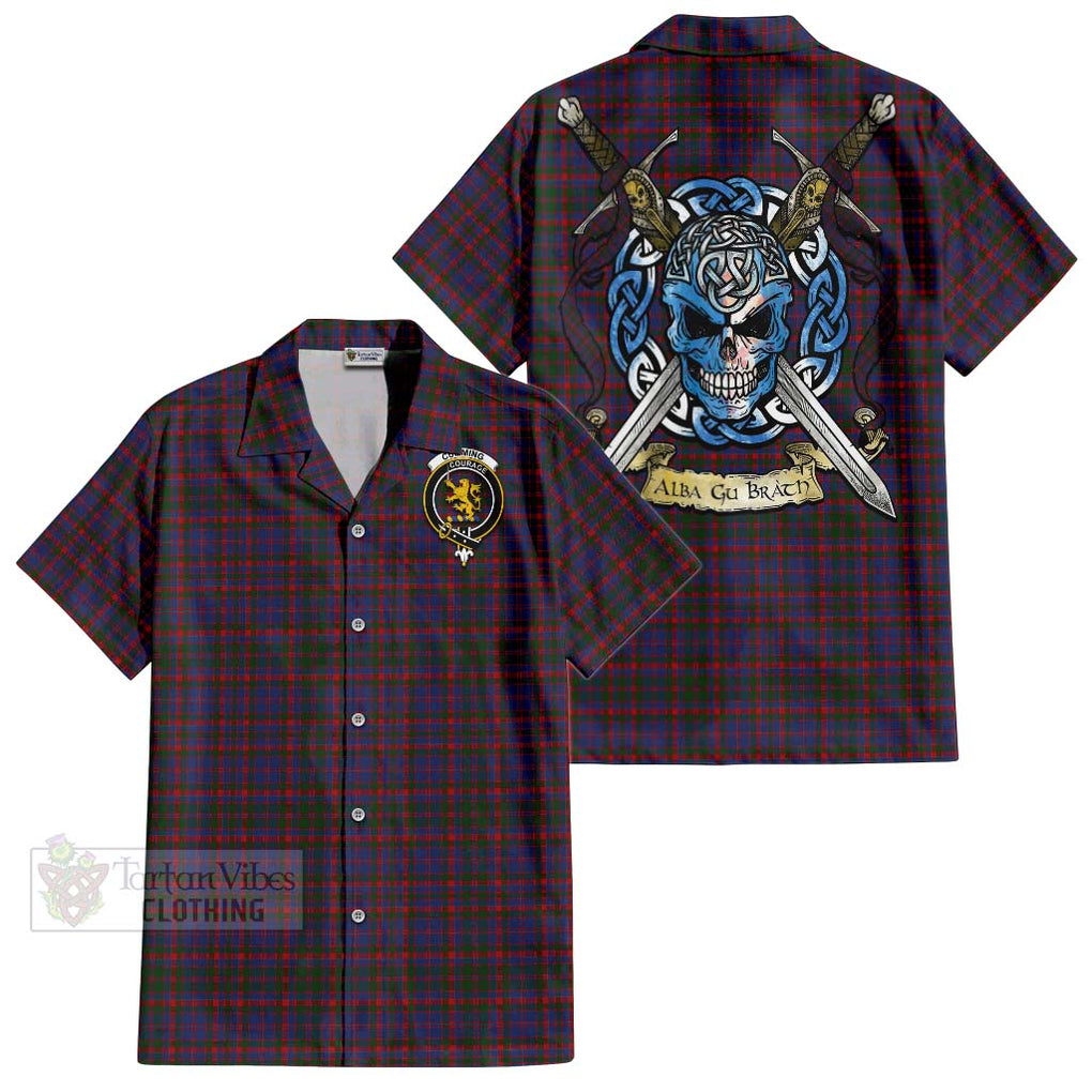 Tartan Vibes Clothing Cumming Tartan Short Sleeve Button Shirt with Family Crest Celtic Skull Style