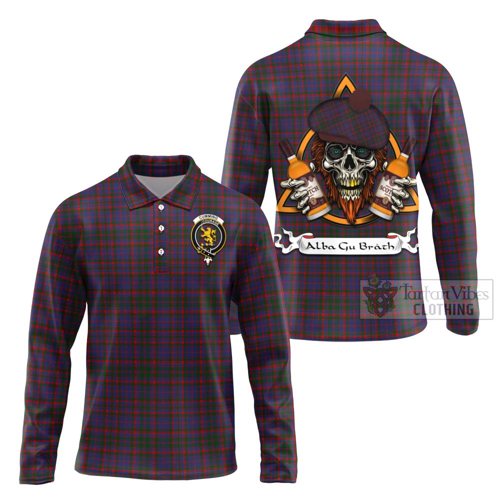 Tartan Vibes Clothing Cumming Tartan Long Sleeve Polo Shirt with Family Crest and Bearded Skull Holding Bottles of Whiskey