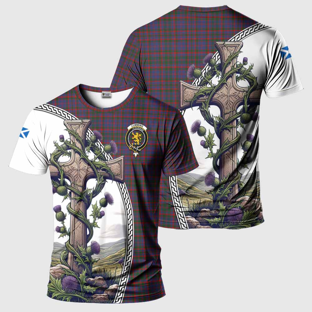 Tartan Vibes Clothing Cumming Agnew Tartan T-Shirt with Family Crest and St. Andrew's Cross Accented by Thistle Vines