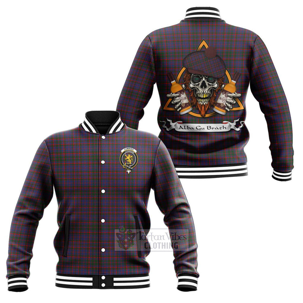 Tartan Vibes Clothing Cumming Tartan Baseball Jacket with Family Crest and Bearded Skull Holding Bottles of Whiskey