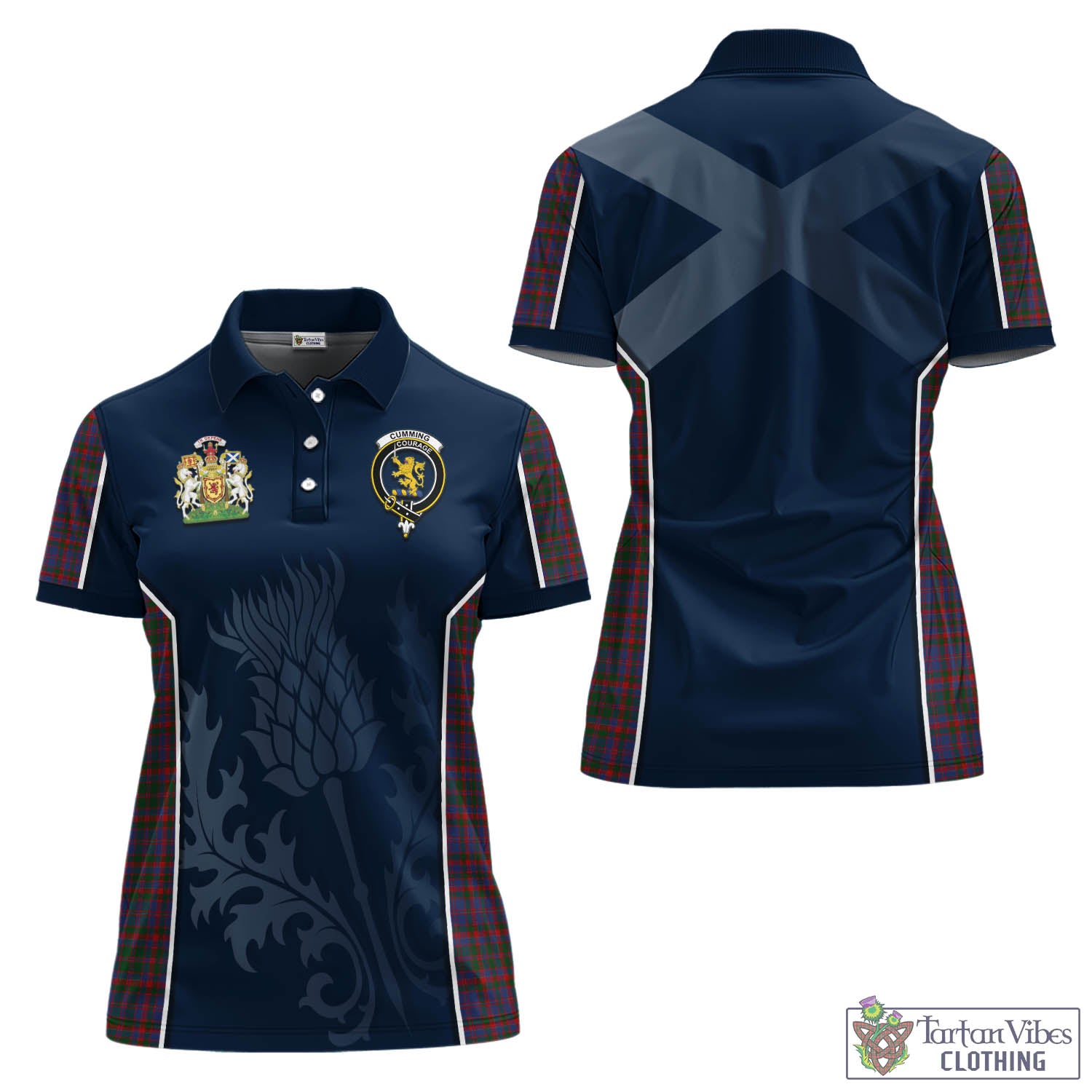 Tartan Vibes Clothing Cumming Tartan Women's Polo Shirt with Family Crest and Scottish Thistle Vibes Sport Style
