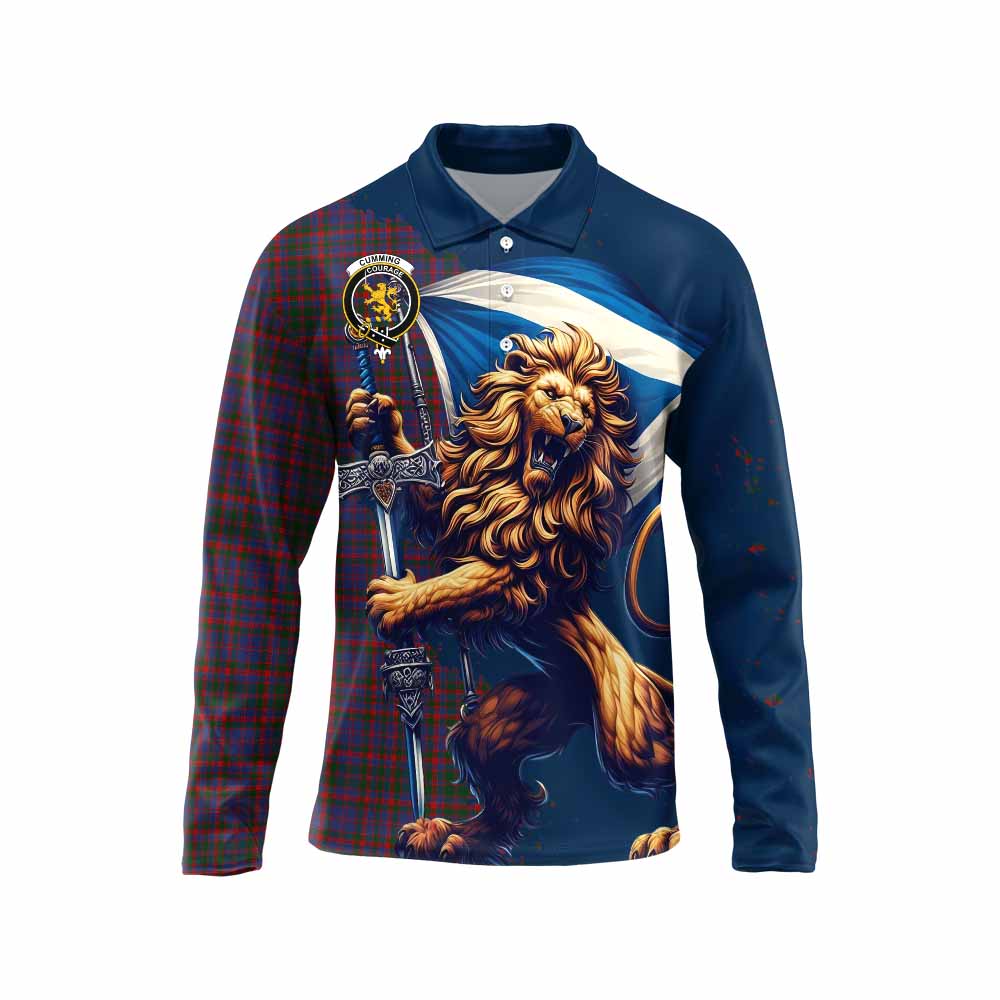 Tartan Vibes Clothing Cumming Tartan Family Crest Long Sleeve Polo Shirt with Scottish Majestic Lion