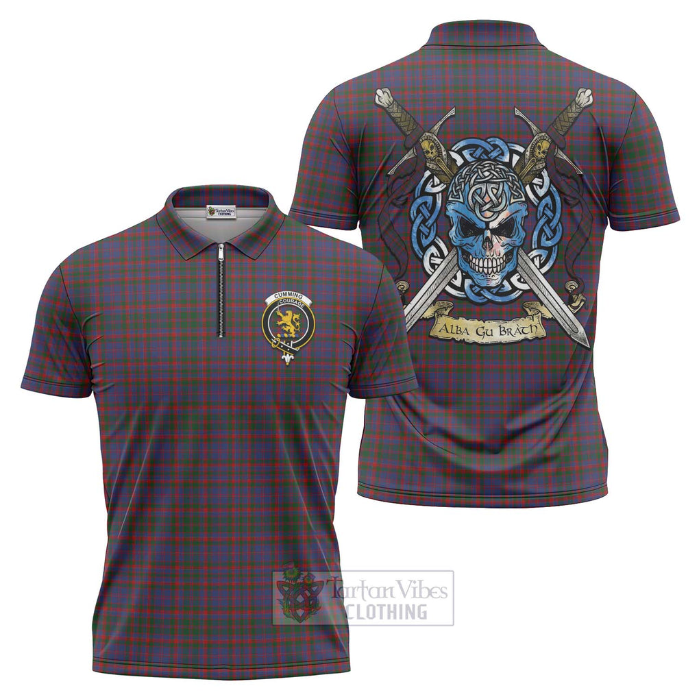 Tartan Vibes Clothing Cumming Tartan Zipper Polo Shirt with Family Crest Celtic Skull Style