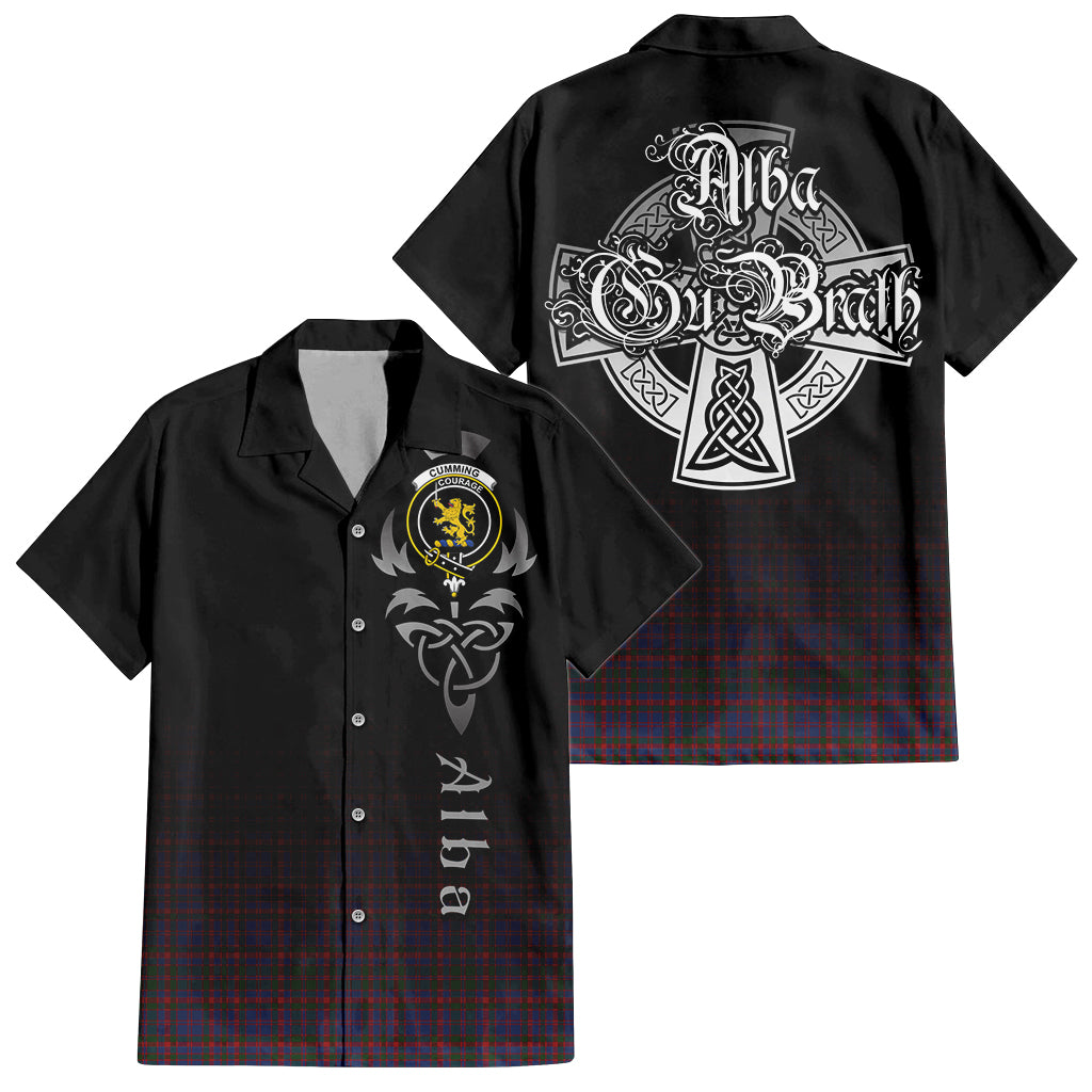 Tartan Vibes Clothing Cumming Tartan Short Sleeve Button Up Featuring Alba Gu Brath Family Crest Celtic Inspired