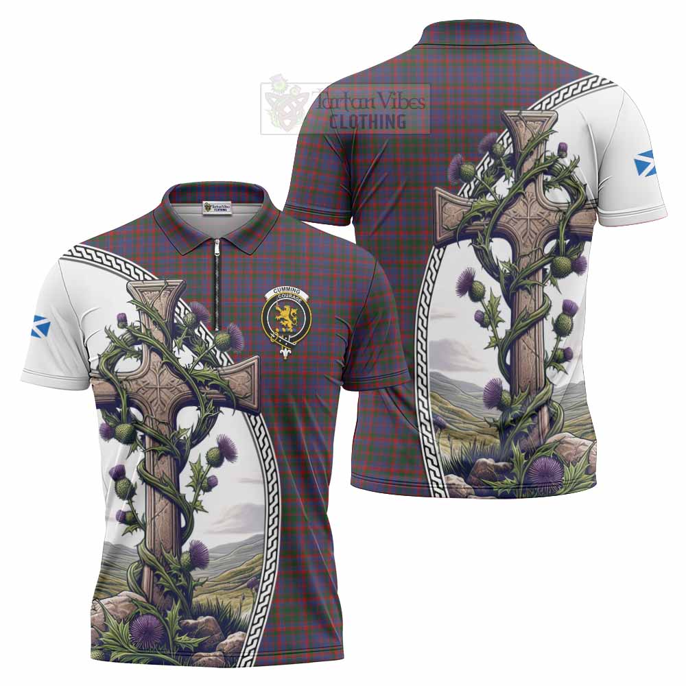 Tartan Vibes Clothing Cumming Tartan Zipper Polo Shirt with Family Crest and St. Andrew's Cross Accented by Thistle Vines