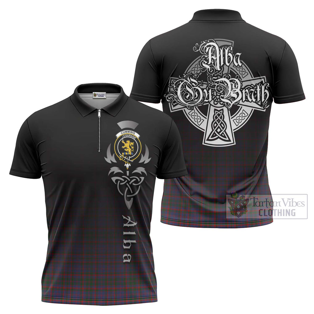 Tartan Vibes Clothing Cumming Tartan Zipper Polo Shirt Featuring Alba Gu Brath Family Crest Celtic Inspired