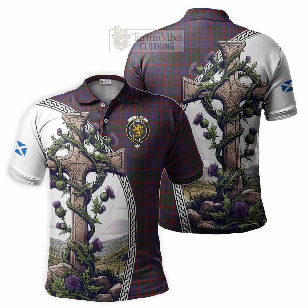 Tartan Vibes Clothing Cumming Tartan Polo Shirt with Family Crest and St. Andrew's Cross Accented by Thistle Vines